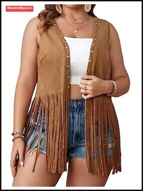 Suede Fringe Studded Open Front Vest Jacket Boho Sleeveless